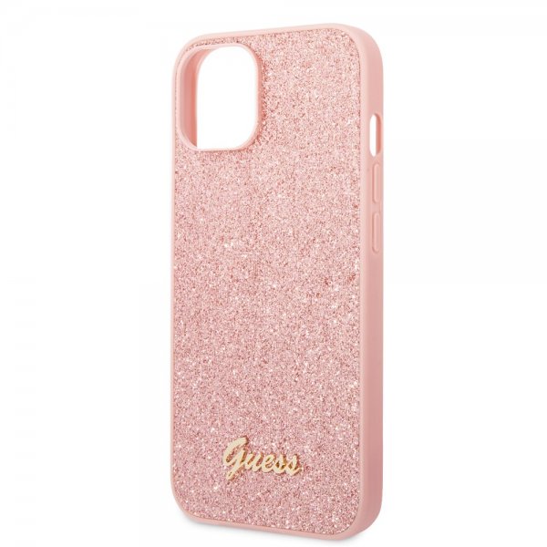 iPhone 14 Plus Skal Glitter Flakes Metal Logo Rosa