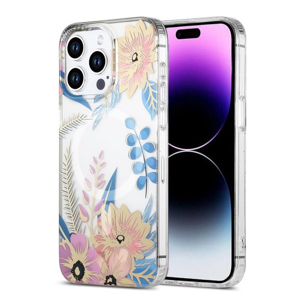 iPhone 14 Pro Max Skal Blommönster MagSafe Rosa Blå