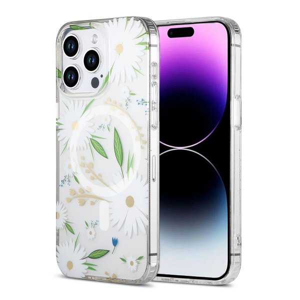 iPhone 14 Pro Max Skal Blommönster MagSafe Vit