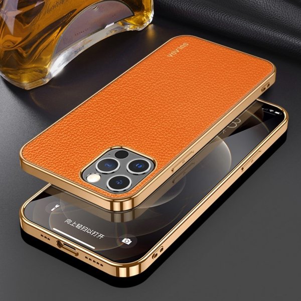 iPhone 14 Pro Max Skal Litchimönster Pläterad Kant Orange