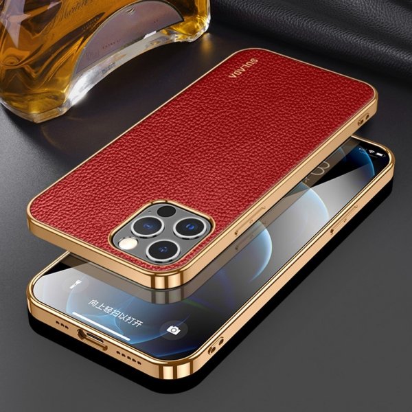 iPhone 14 Pro Max Skal Litchimönster Pläterad Kant Röd