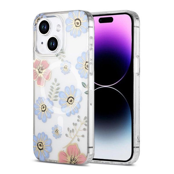 iPhone 14 Plus/iPhone 15 Plus Skal Blommönster MagSafe Röd Blå