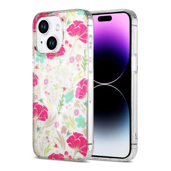 iPhone 14 Plus/iPhone 15 Plus Skal Blommönster MagSafe Röd Grön