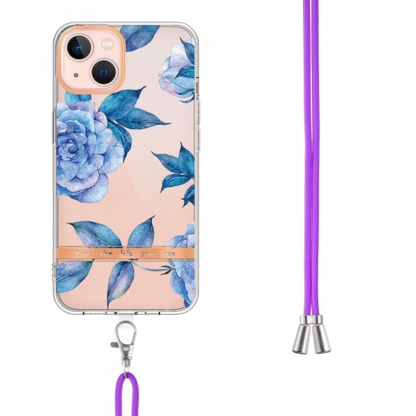 iPhone 15 Plus Skal Blommönster med Strap Blå Pion
