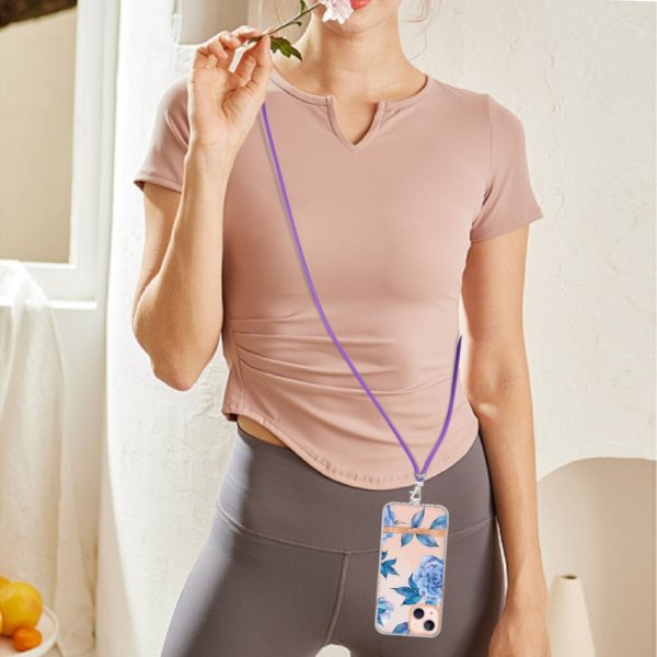 iPhone 15 Plus Skal Blommönster med Strap Blå Pion