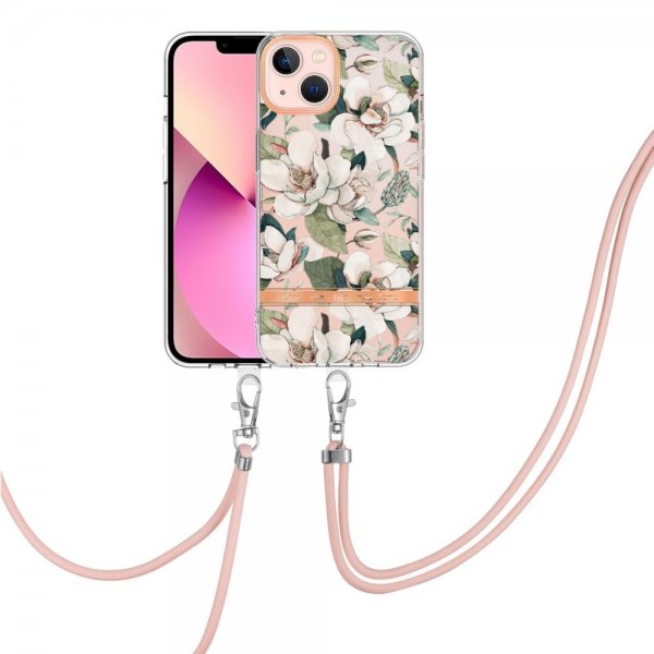 iPhone 15 Plus Skal Blommönster med Strap Grön Gardenia