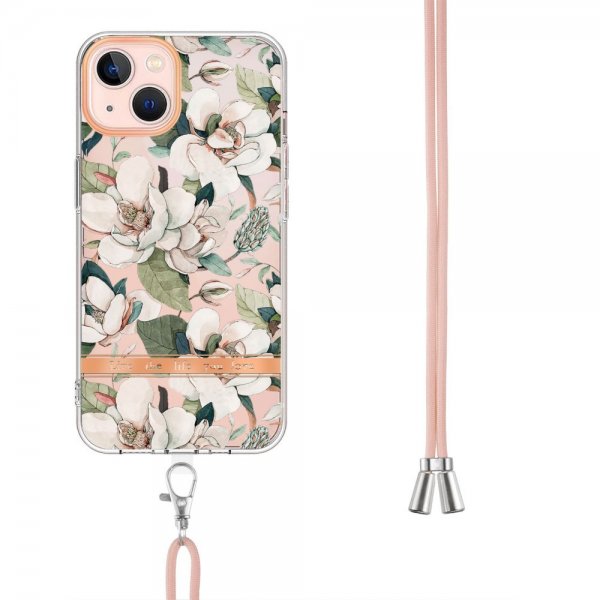iPhone 15 Plus Skal Blommönster med Strap Grön Gardenia