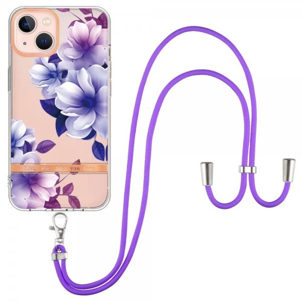 iPhone 15 Plus Skal Blommönster med Strap Lila Begonia