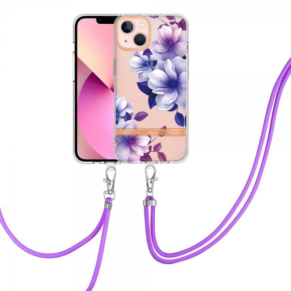 iPhone 15 Plus Skal Blommönster med Strap Lila Begonia