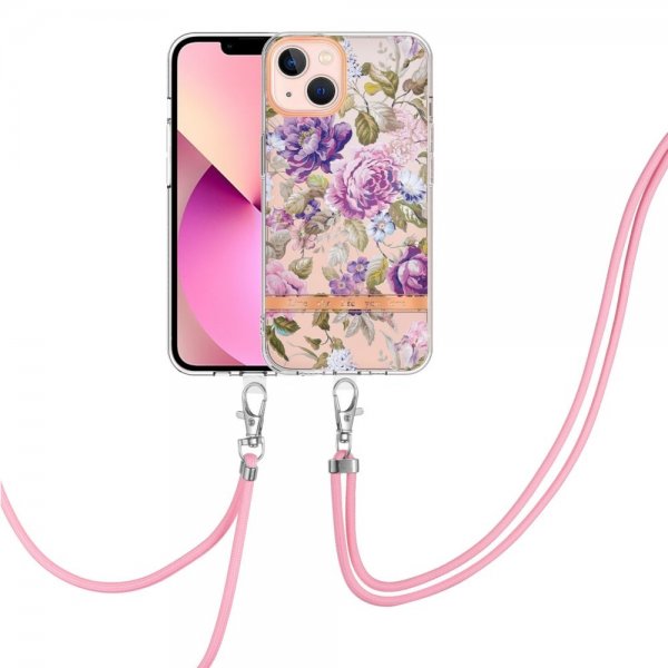 iPhone 15 Plus Skal Blommönster med Strap Lila Pion