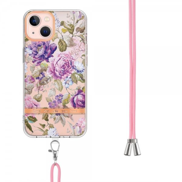iPhone 15 Plus Skal Blommönster med Strap Lila Pion