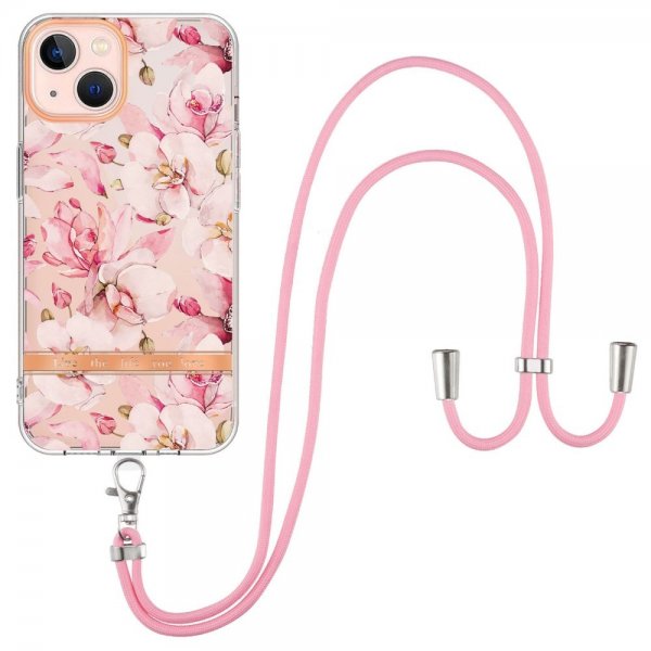 iPhone 15 Plus Skal Blommönster med Strap Rosa Gardenia