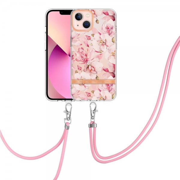 iPhone 15 Plus Skal Blommönster med Strap Rosa Gardenia