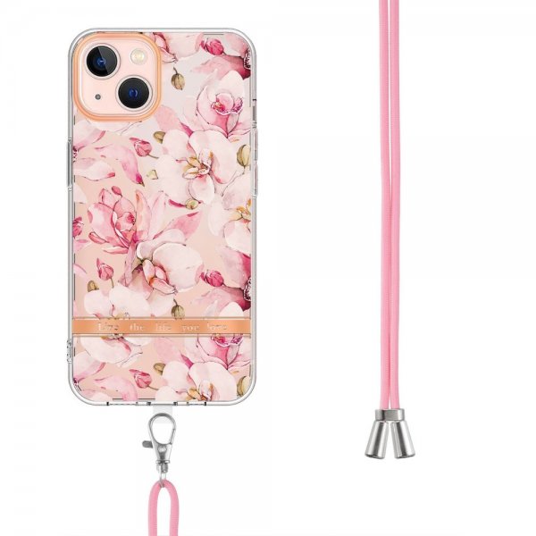 iPhone 15 Plus Skal Blommönster med Strap Rosa Gardenia