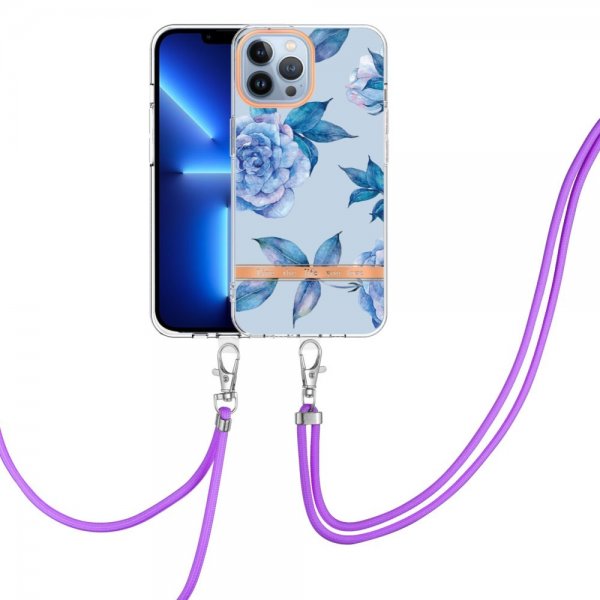 iPhone 15 Pro Max Skal Blommönster med Strap Blå Pion