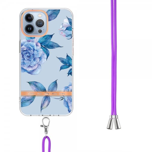 iPhone 15 Pro Max Skal Blommönster med Strap Blå Pion