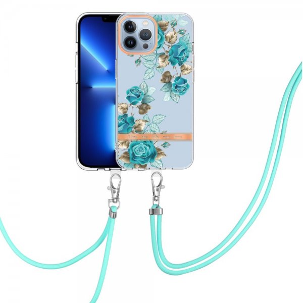 iPhone 15 Pro Max Skal Blommönster med Strap Blå Rosor