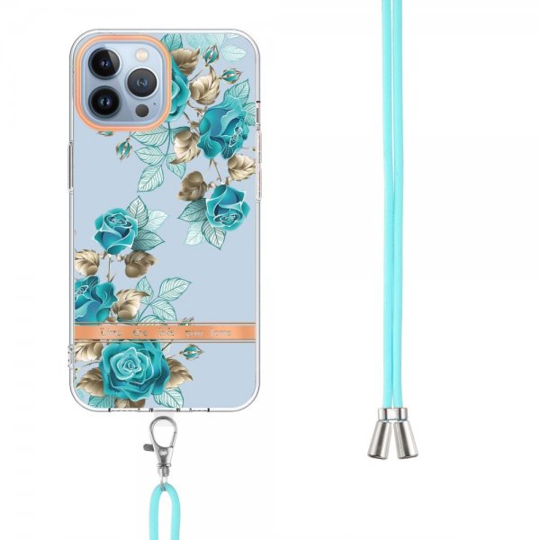 iPhone 15 Pro Max Skal Blommönster med Strap Blå Rosor