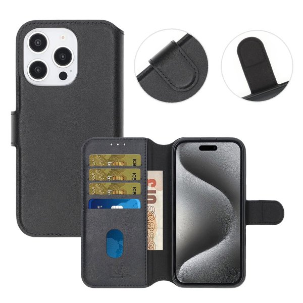 iPhone 16 Pro Max Fodral Äkta läder Kortfack Svart