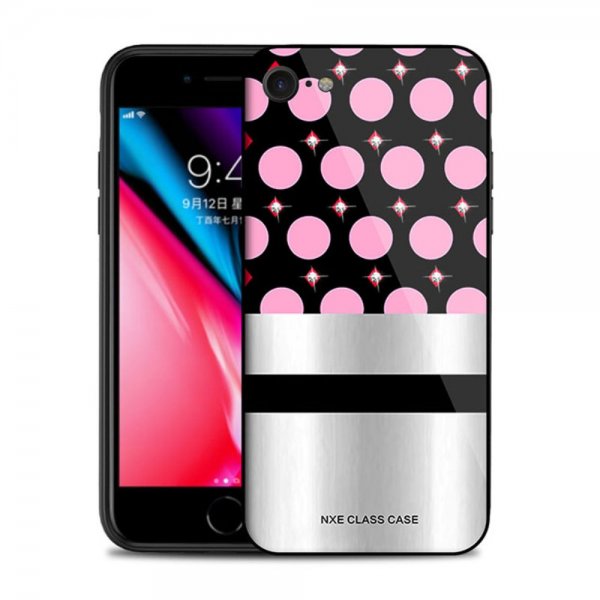iPhone 7/8/SE Skal Härdat Glas Baksida Cirklar Silver Strass Svart