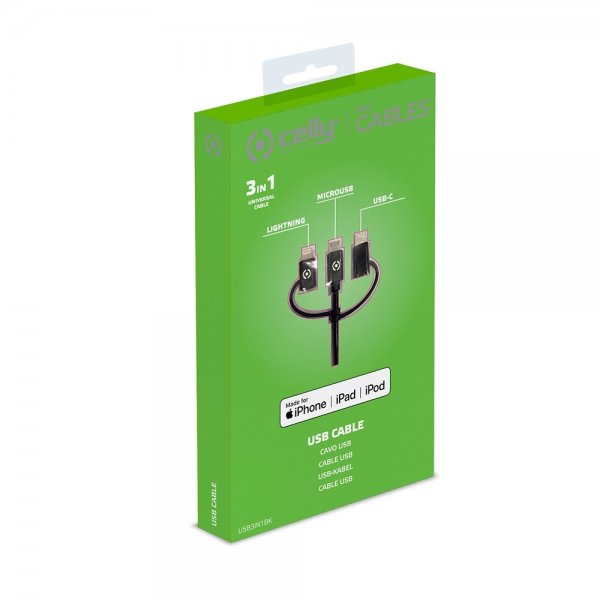 Kabel 3in1 Micro-USB/USB-C/Lightning 1m Svart