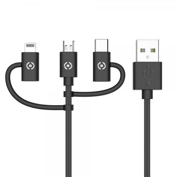 Kabel 3in1 Micro-USB/USB-C/Lightning 1m Svart