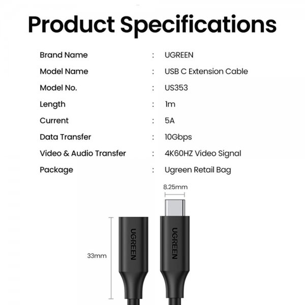 Kabel USB-C Extension Cable 100W 4K 1m