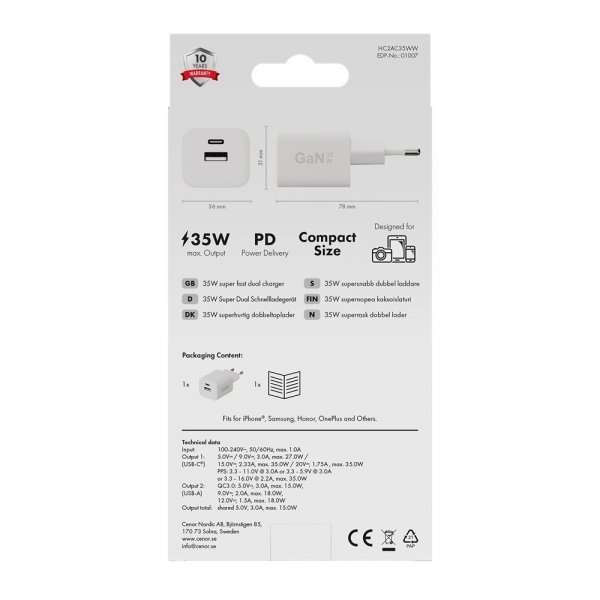 Laddare 35W Dubbel USB-C/USB-A GaN Vit