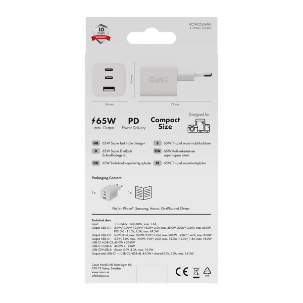 Laddare 65W Trippel USB-C/USB-A GaN Vit
