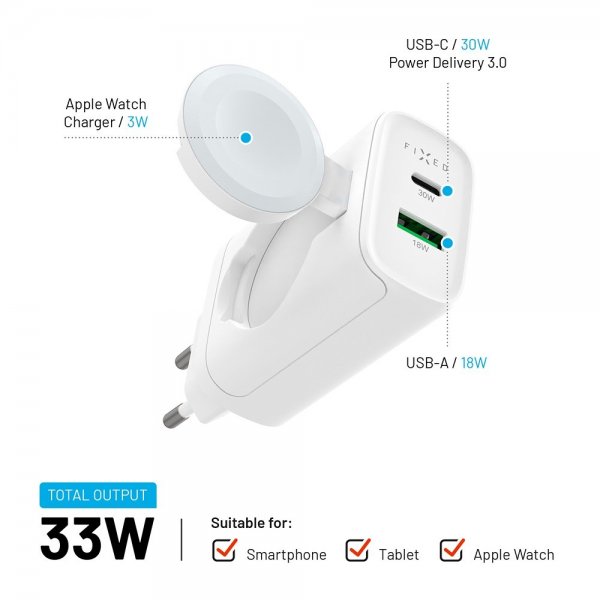 Laddare GaN 33W Apple Watch/USB-C/USB-A