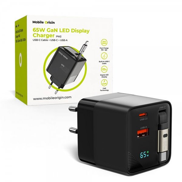 Laddare med Display GaN 65W inbyggd USB-C Kabel