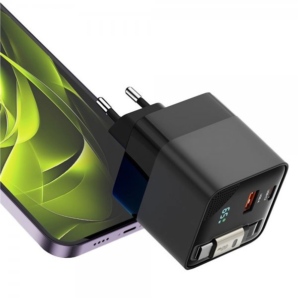 Laddare med Display GaN 65W inbyggd USB-C Kabel