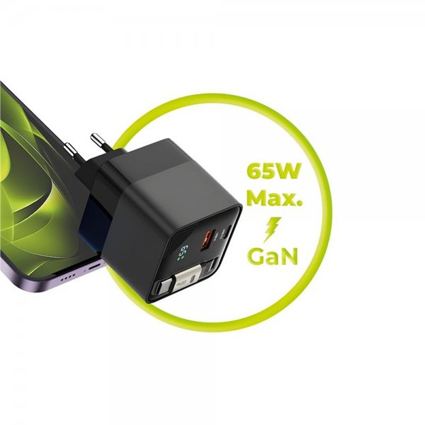 Laddare med Display GaN 65W inbyggd USB-C Kabel