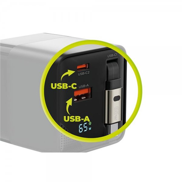 Laddare med Display GaN 65W inbyggd USB-C Kabel
