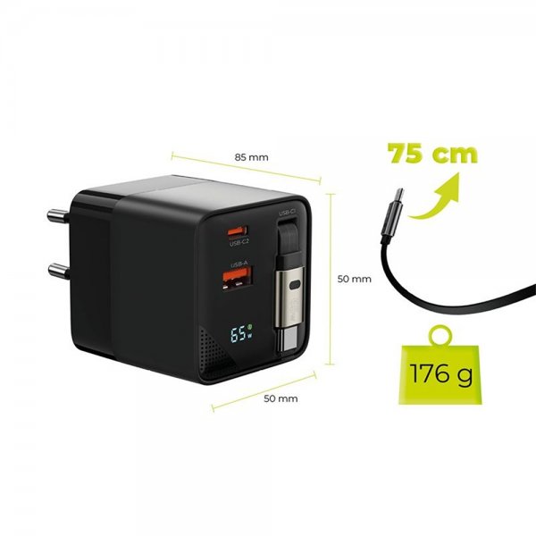 Laddare med Display GaN 65W inbyggd USB-C Kabel