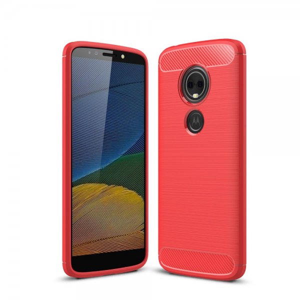 Motorola Moto G6 Play / E5 Skal TPU Borstad och Kolfiber Design Röd