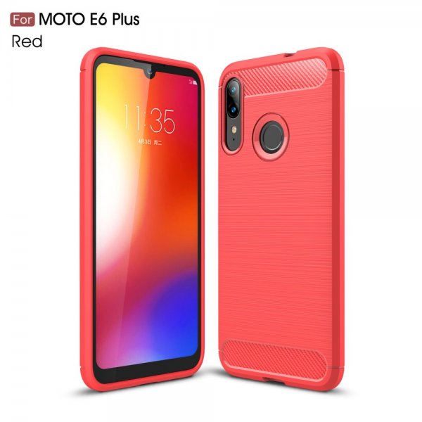 Motorola Moto E6 Plus Skal Borstad Kolfibertextur Röd
