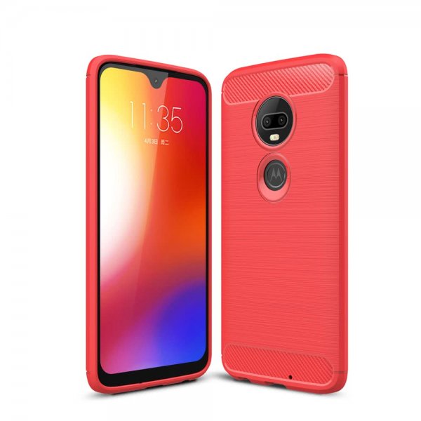 Motorola Moto G7 / G7 Plus Skal TPU Borstad Kolfibertextur Röd