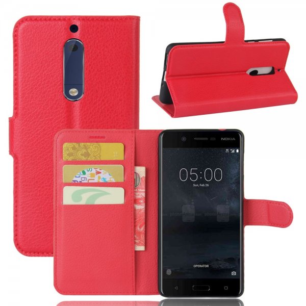 Nokia 5 Plånboksfodral PU-läder Litchi Röd