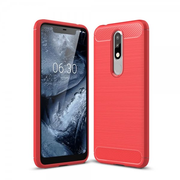 Nokia 5.1 Plus Skal TPU Borstad Kolfibertextur Röd