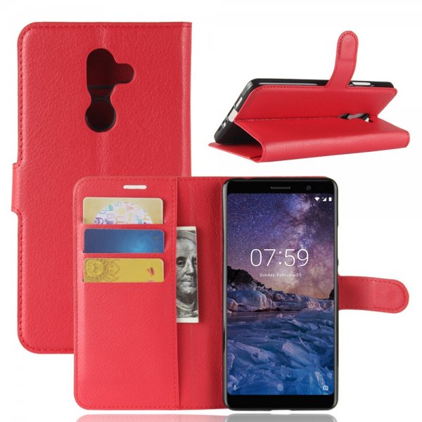 Nokia 7 Plus Plånboksfodral Litchi Röd