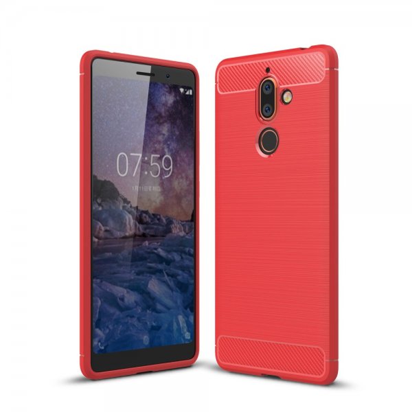Nokia 7 Plus Skal TPU Borstad och Kolfiber Design Röd