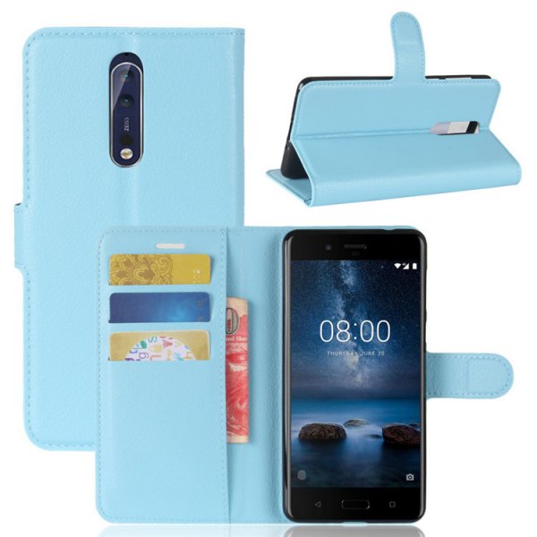Nokia 8 Plånboksfodral PU-läder Litchi Ljusblå