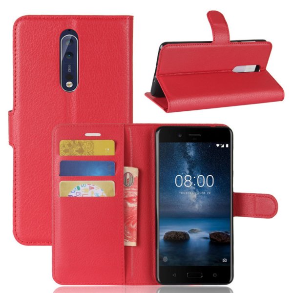 Nokia 8 Plånboksfodral PU-läder Litchi Röd