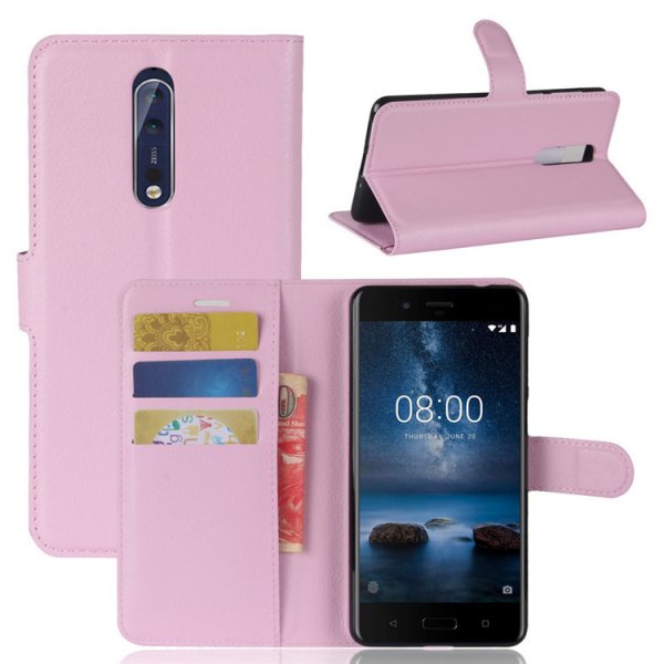 Nokia 8 Plånboksfodral PU-läder Litchi Rosa