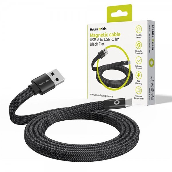 Platt Kabel Magnetisk USB-A till USB-C 1m Svart