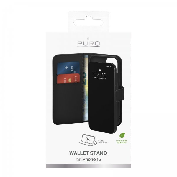 iPhone 15 Fodral Wallet Stand Svart