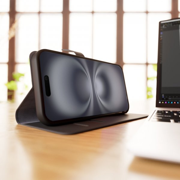 iPhone 16 Fodral Wallet Stand Svart
