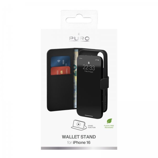 iPhone 16 Fodral Wallet Stand Svart