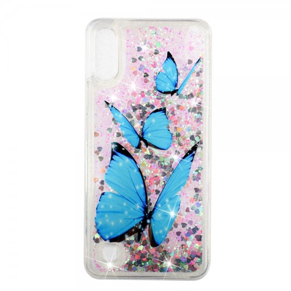 Samsung Galaxy A10 Skal Glitter Motiv Blåa Fjärilar